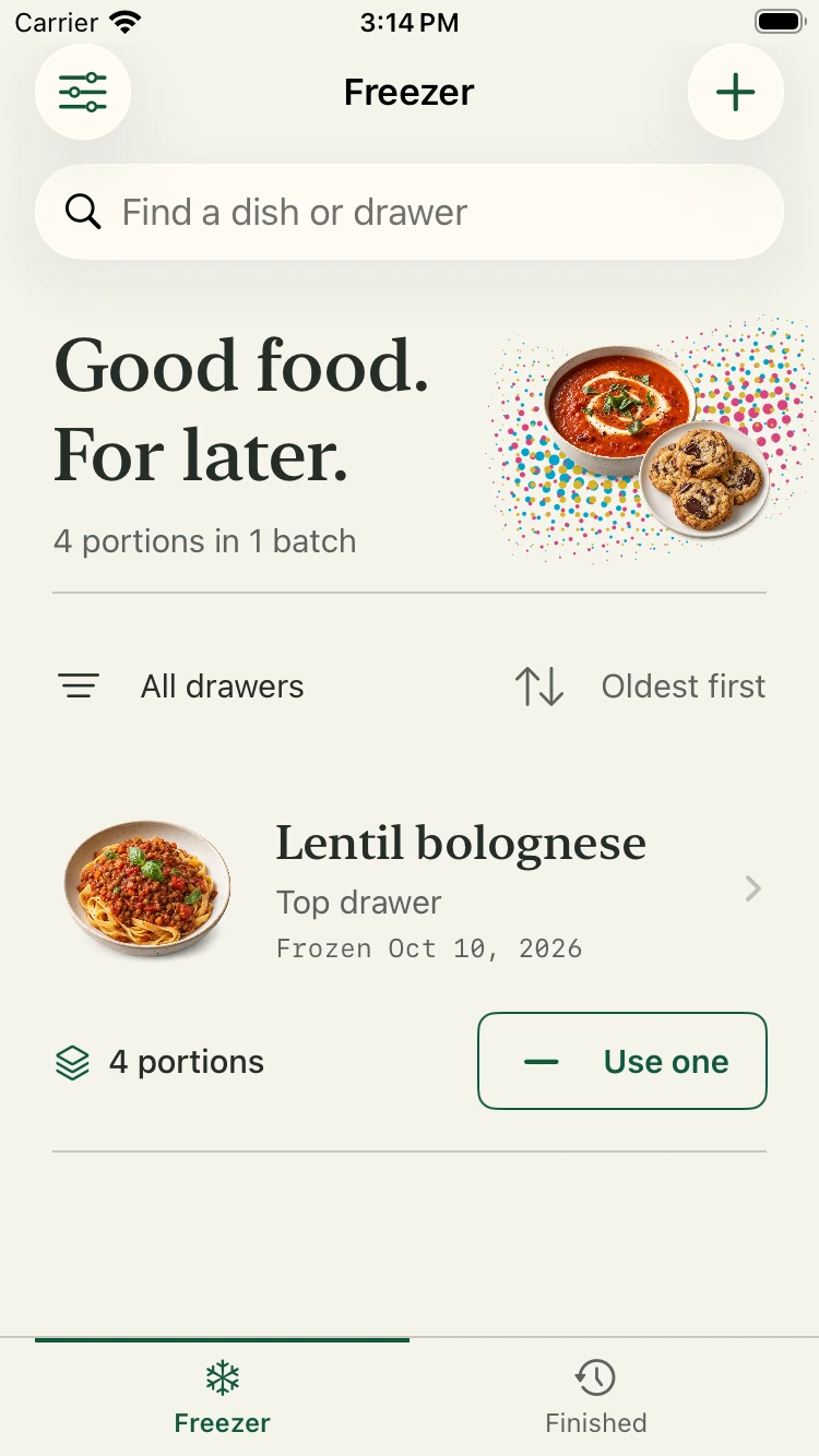 The Freezer inventory on iPhone: a batch of lentil bolognese in the top drawer with four portions and a Use one button.