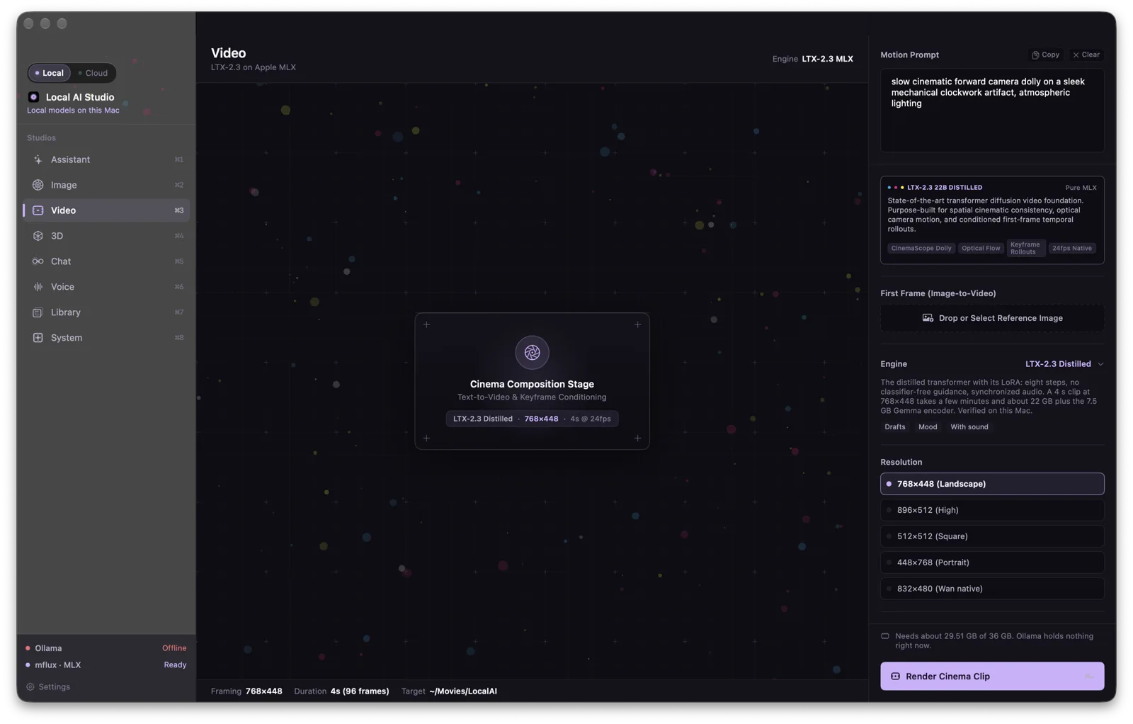 Current Video studio with a cinema composition stage, motion prompt, reference-image option, engine controls, duration and render action.