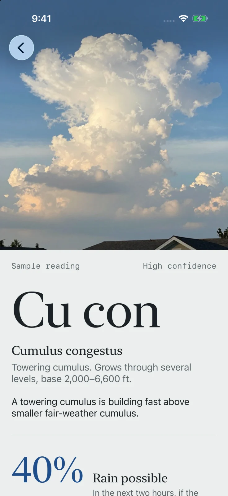 A Skyread reading on iPhone: a photograph of a towering cloud above the result Cu con, cumulus congestus, with high confidence and a 40 percent chance of rain.