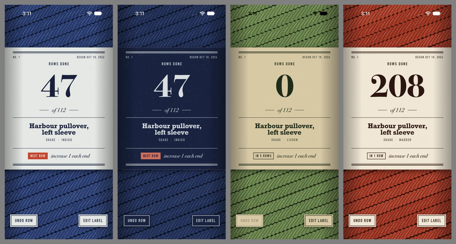 The Worsted counter in four yarn shades: indigo in light and dark, lichen green and madder red.