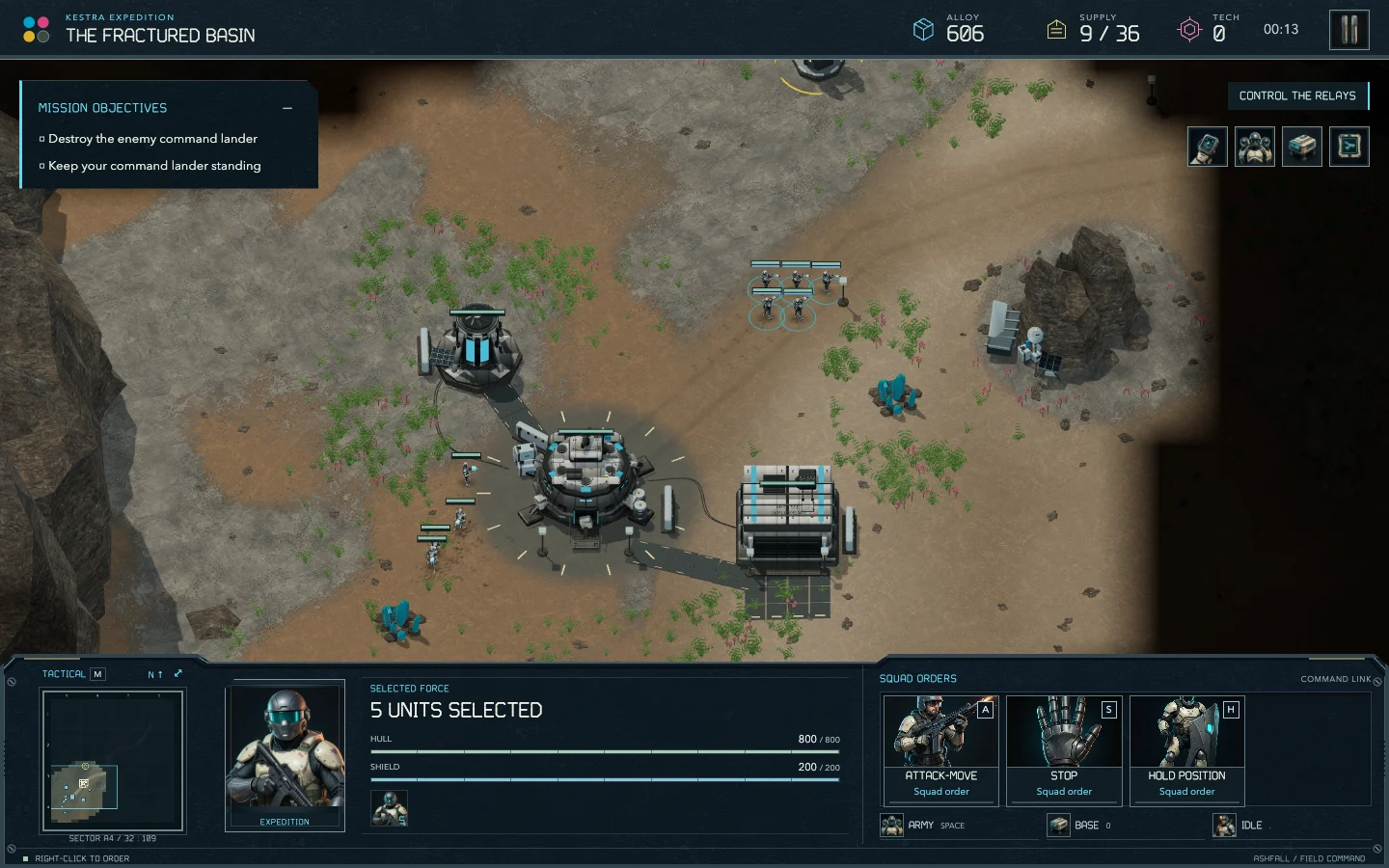 A skirmish in Ashfall Accord seen from above: a command lander and base buildings on a desert plain, five selected infantry and a panel of squad orders.