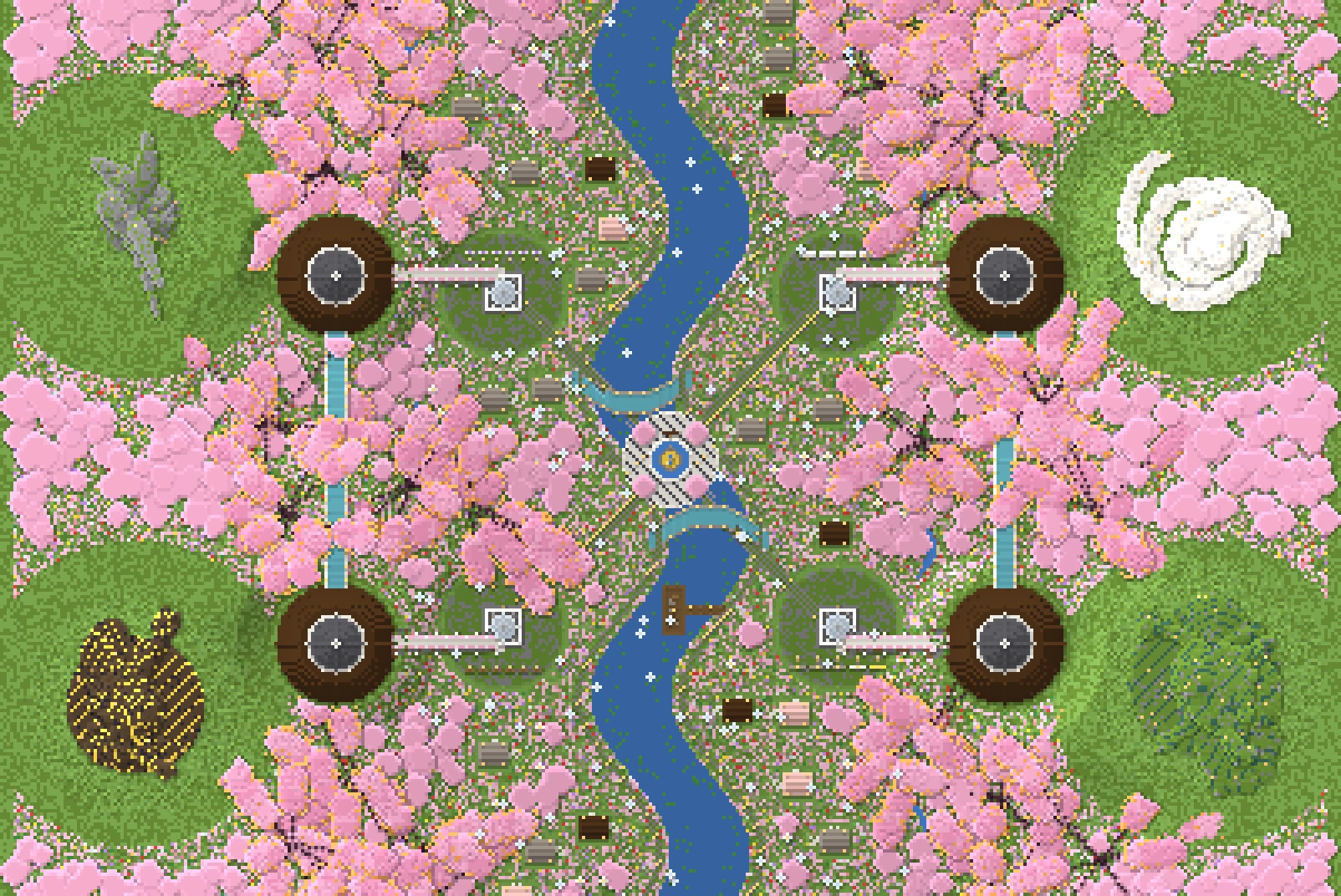 A top-down plan of the BANGxBANG spawn: a river winding through cherry blossom, crossed by two bridges at a central plaza, with four round towers and four statues in clearings.