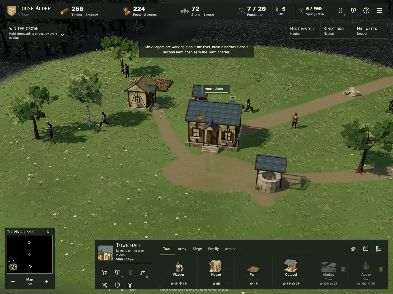 A small village in Cairnfall seen from above: timber houses, a well and villagers on dirt roads, with resource counts along the top and a build menu below.