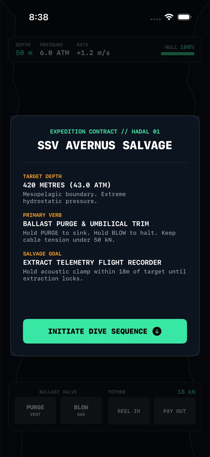 A contract briefing naming the wreck, its depth and the salvage goal.