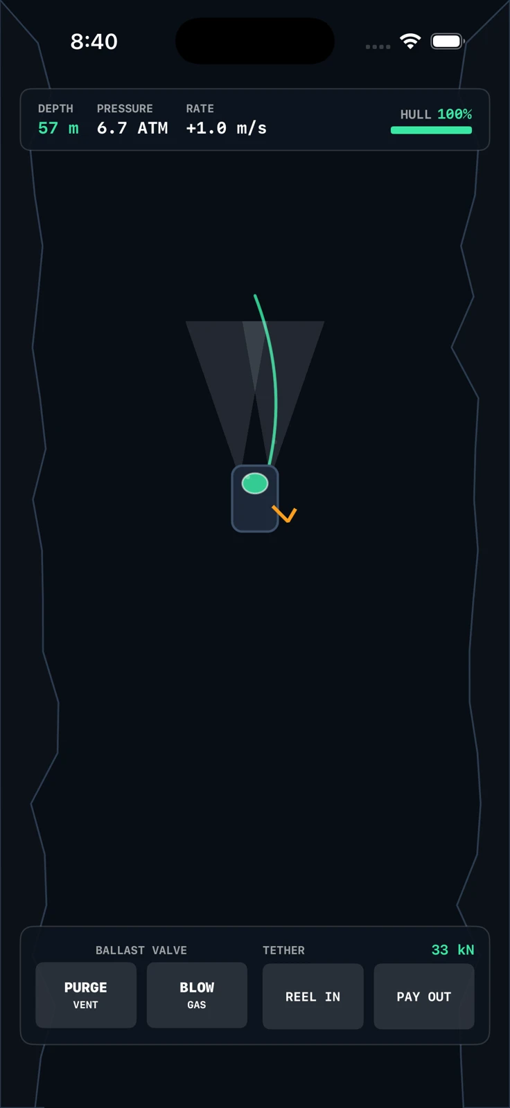 Depthlock on iPhone: a diving rig descending on its cable through dark water, with depth, pressure and hull readings above and ballast and tether controls below.