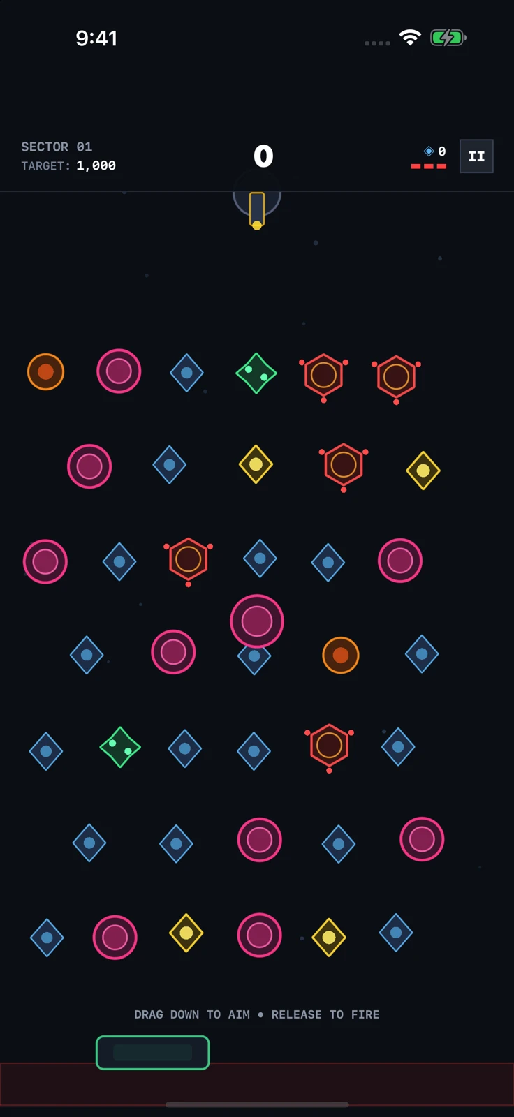 GravPin on iPhone: a launcher at the top of the screen above rows of round and diamond-shaped pins.