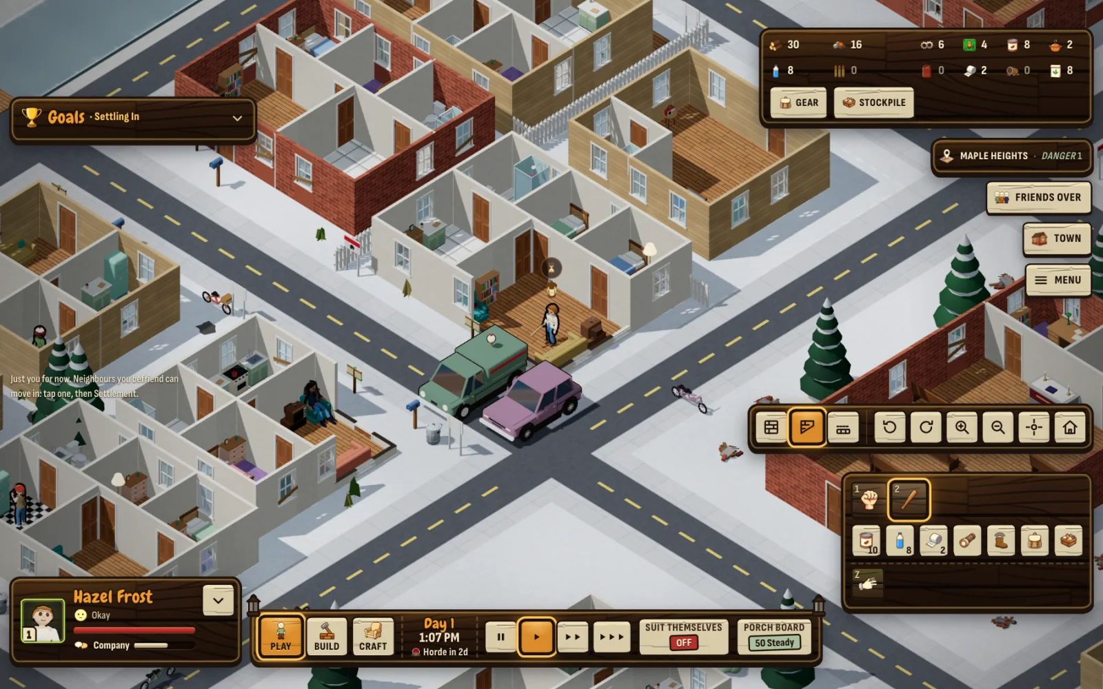 A snowed-in town in Nightporch, seen from above with its houses open to view