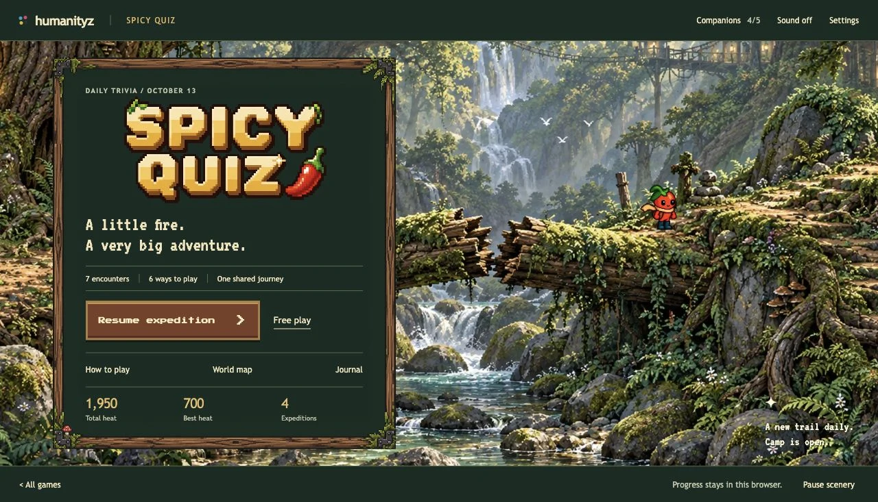 Spicy Quiz’s pixel-art title menu with Ember on the oldgrowth forest crossing