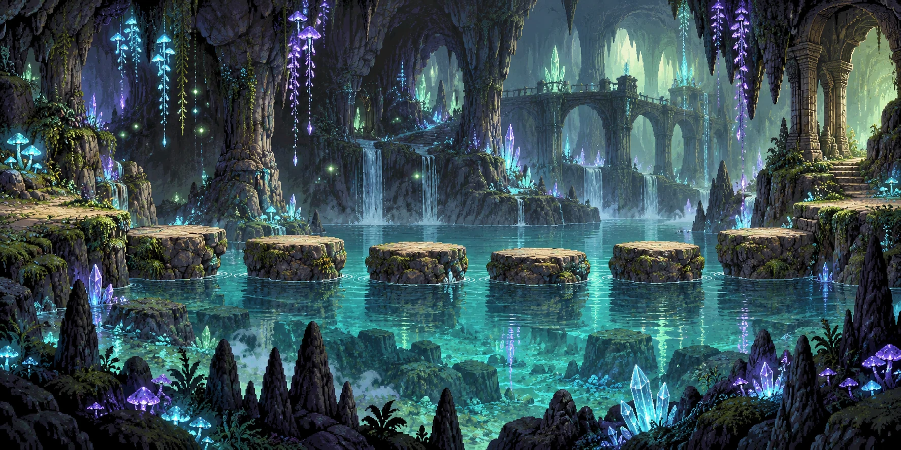 Firefly-lit stepping stones in a cavern